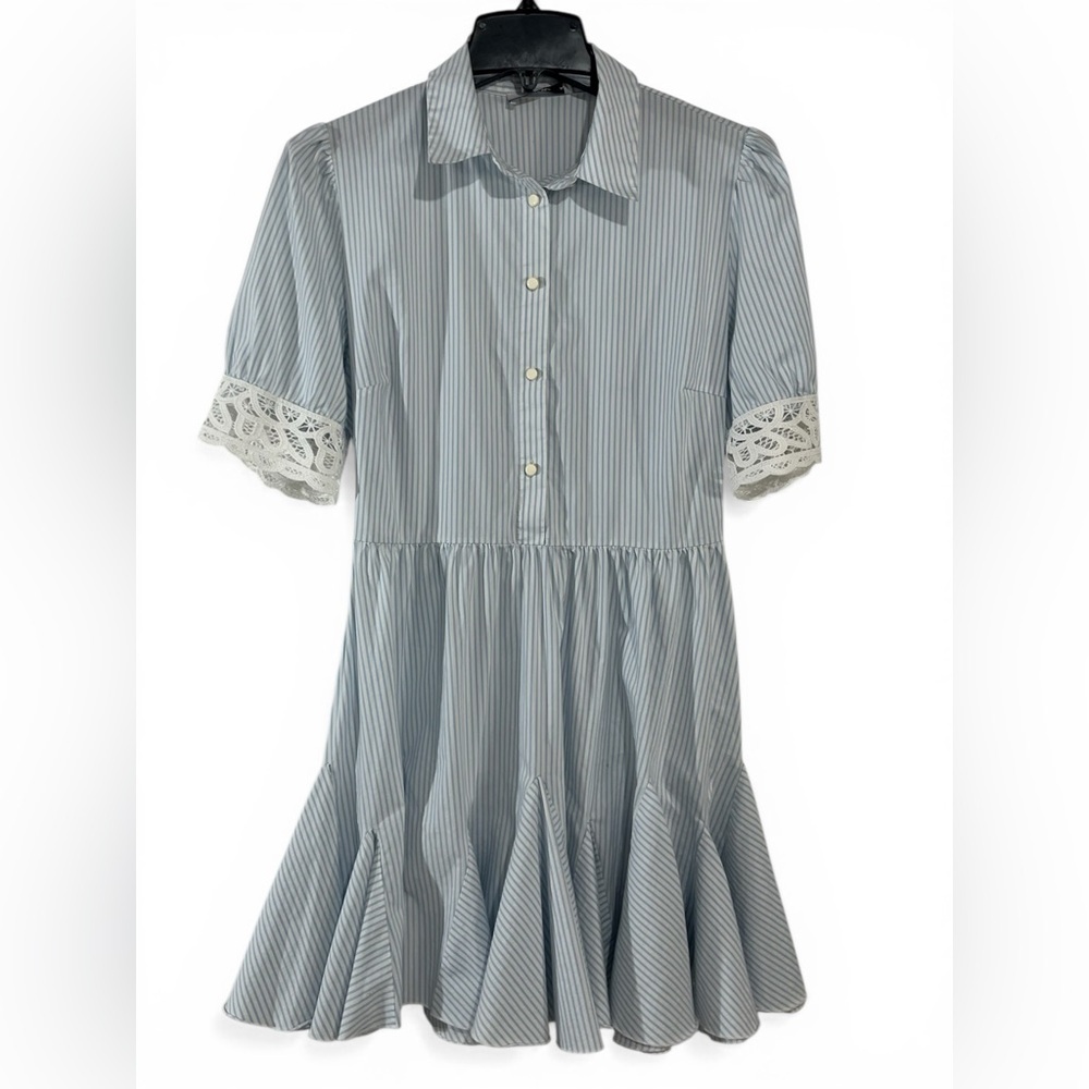 ADL Blue White Striped Shirt Dress Lace Sleeve Ruffle Hem Size XL - Picture 3 of 7